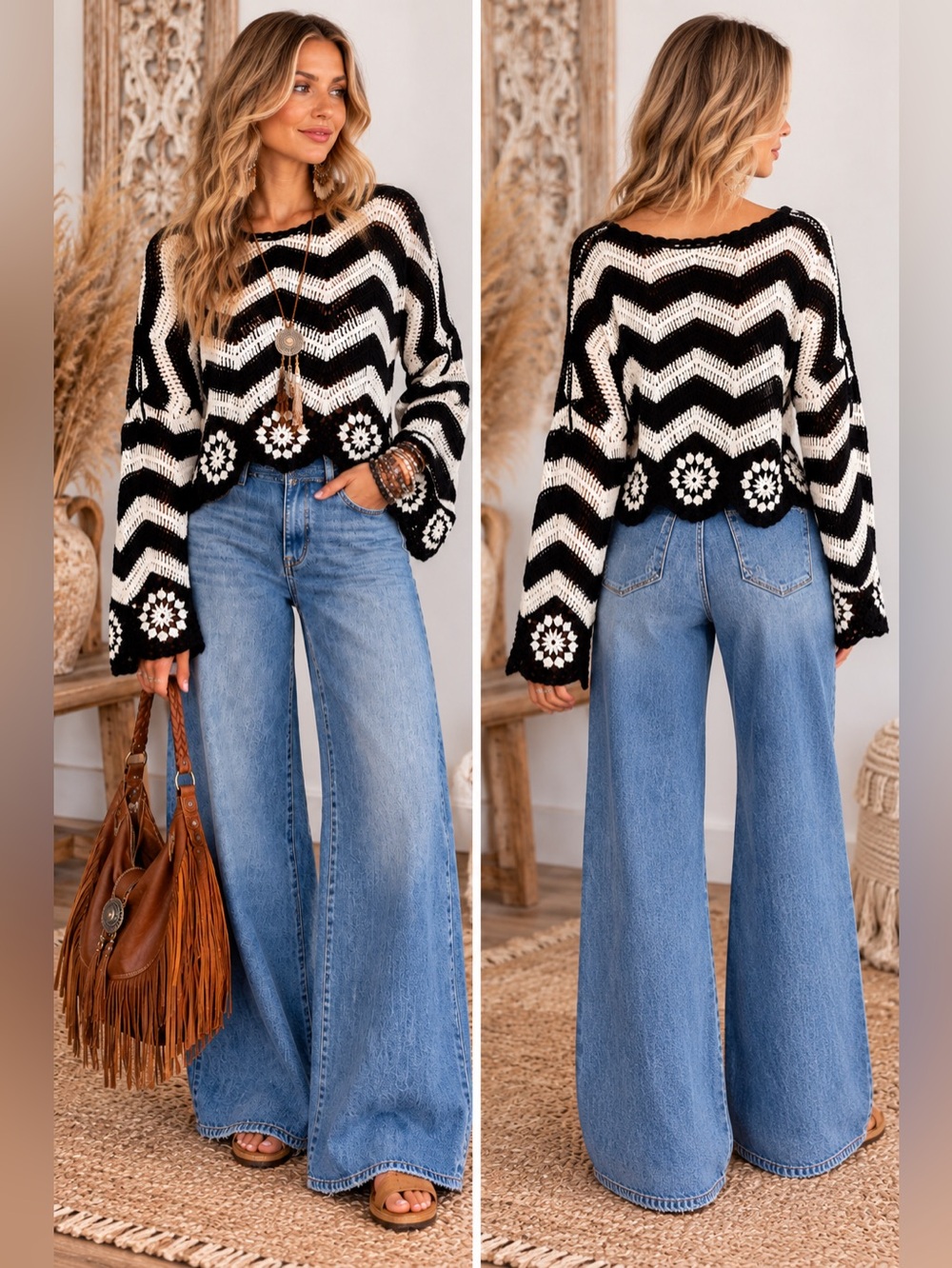 Black and Cream Chevron Crochet Sweater S/M and M/L - Picture 2 of 5